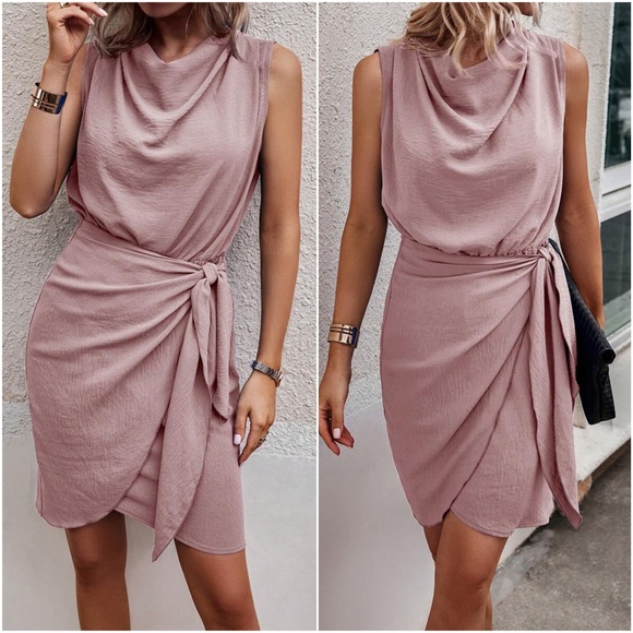 Luxe Sleeveless Drape Neck Mini Dress - Picture 2 of 8